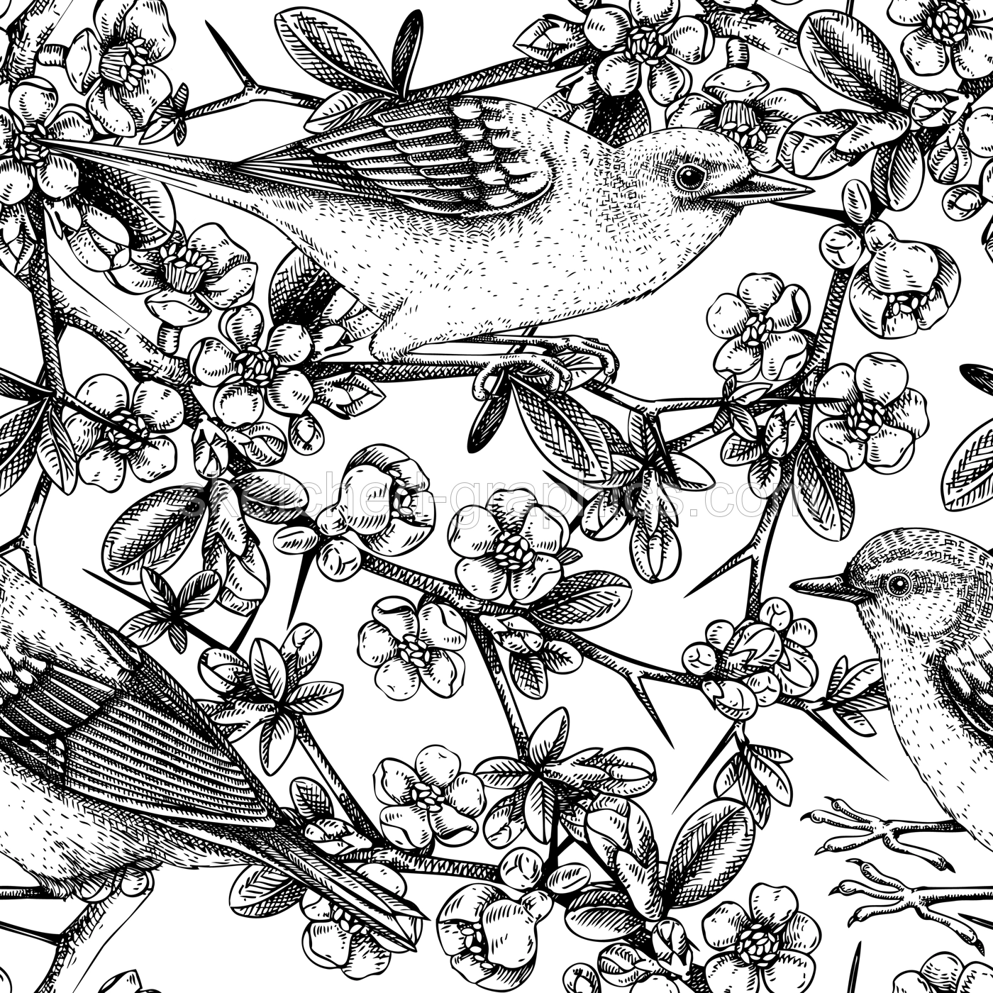 Vector spring background in engraved style. Yellow warbler sitting on blooming Japanese quince branch sketches. Songbird with beautiful flowers seamless pattern design for prints or textiles Illustration